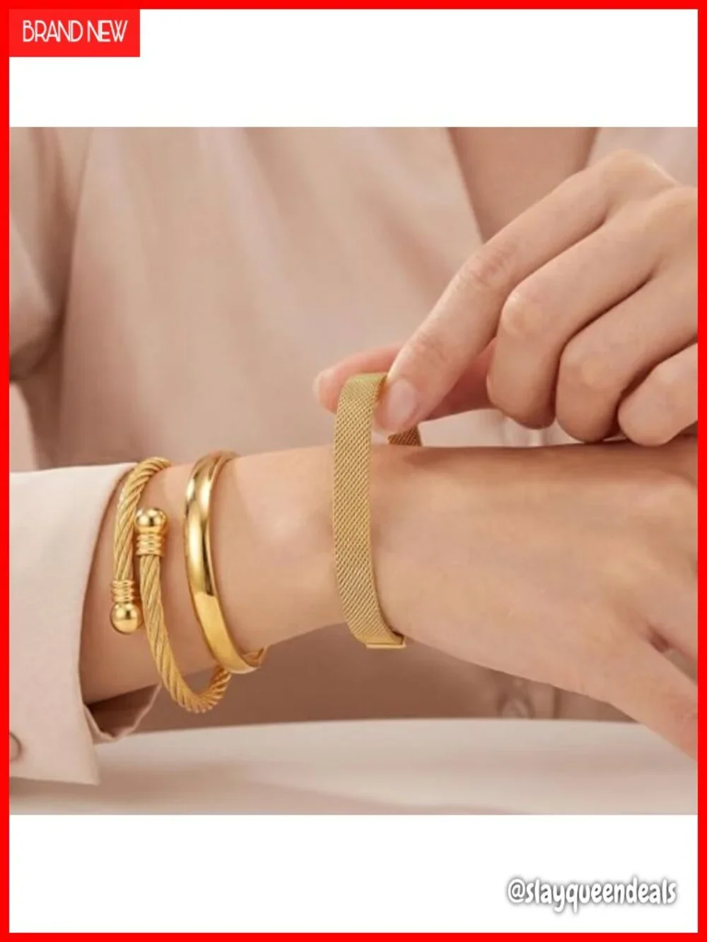 Waterproof Stainless Steel Cuff Bracelets Set of 3 - Non Tarnish,